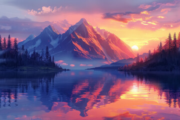 sunset reflection on tranquil lake surrounded by snowy mountains and pine trees - obrazy, fototapety, plakaty
