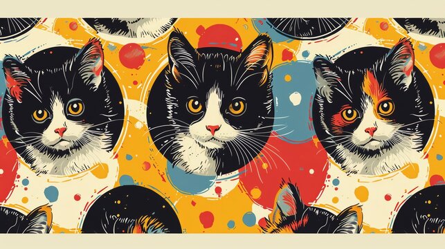 Repeat pattern with playful calico cat kittens emerging from whimsical holes, vibrant background, ideal for scarves