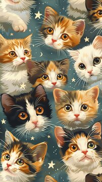 Seamless vector of calico cat kittens, each in a unique playful pose, peeking through starshaped holes, soft color palette
