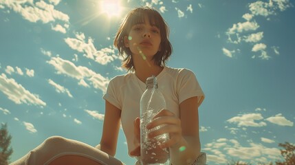 Young girl holding bottle of water with which she pours herself