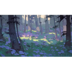 anime scene of a forest with purple flowers and trees