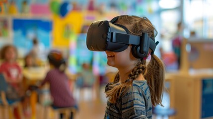 Young Girl Experiencing Virtual Reality in Classroom