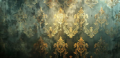 Vintage wallpaper's detailed sophisticated grunge-gold pattern steals the spotlight.