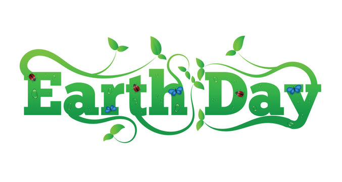 Earth Day Letters with Green Leaves and Insects. Ecology and nature care concept vector art.