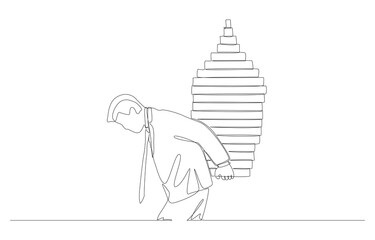Continuous one line drawing of businessman carrying narrow base population pyramid on his back, problem of aging society concept, single line art.