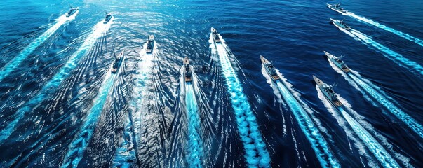 An aerial view of multiple warships and air power forming an inter lineage force formation in the vast ocean