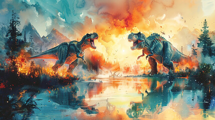illustration of dinosaurs painted with watercolors