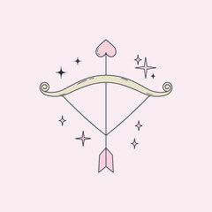 Line art cute bow and heart arrow. Symbol of love and cupid. Coquette style minimal drawing. Vintage shooting equipment