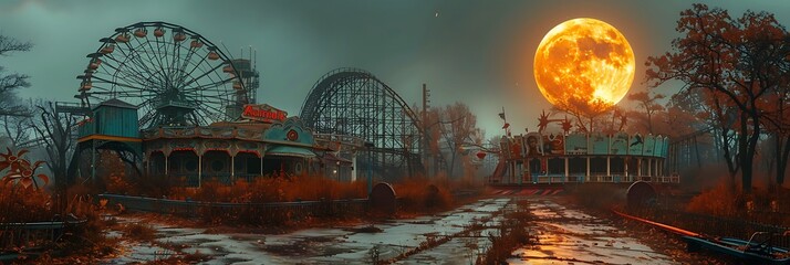 A mysterious, abandoned amusement park, with rusting rides and overgrown paths, under a full moon