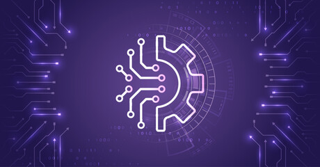 Abstract high tech brain on a purple background. Data analysis, neural network. Artificial intelligence vector illustration. Technology background template.