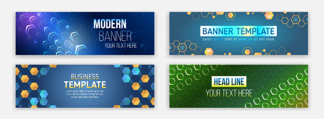 Modern banner design with technology element. Data protection, internet communication, science, big data, cover design set. Sci-fi vector sample concept. High-tech horizontal banner template.