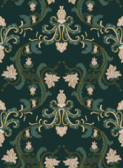 Classic pattern with ornamental flowers. Green floral damask ornament. Seamless background for wallpaper, textile, carpet and any surface. 