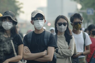 Group of people in a city setting wearing face masks for health protection.
