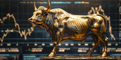 Imposing Gold Bull Statue Against Backdrop of Bullish Cryptocurrency and Financial Trends