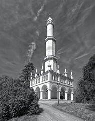 Historical minaret in Lednice, Czech Republic, Europe, Muslim tower in the park in black and white - 786283415
