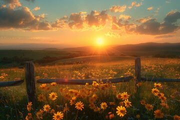 sunrise over a peaceful meadow with bright yellow flowers and a rustic fence - obrazy, fototapety, plakaty