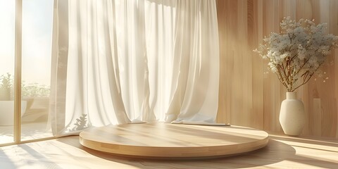 Elegant Wooden Podium with Flowing White Curtains in Sunlit Room Offering Perfect Beauty Product Display