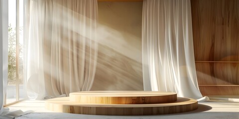 Chic Wooden Podium in Softly Lit Setting with Dancing White Curtains Emphasizing Sophistication for Fashion Accessories