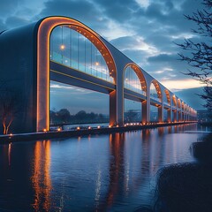 A sleek, modern bridge spanning a wide river, lit up with dynamic LED lights against the night sky. 