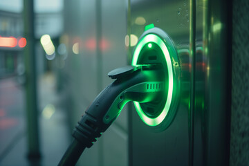 Close-Up EV Charging Station with Green Light. Close-up of an electric vehicle charging point with green LED lights, illustrating sustainable transport.
