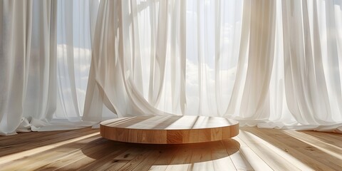 Empty Wooden Podium Against Fluttering White Curtains in Bright Sunny Room for Elegant Luxury Product Showcase