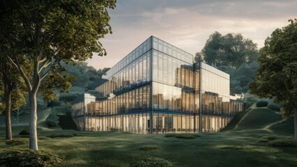 Fototapeta na wymiar a sustainable glass office building nestled within a verdant landscape. Designed to reduce carbon dioxide emissions, this eco-friendly structure harmoniously integrates with nature
