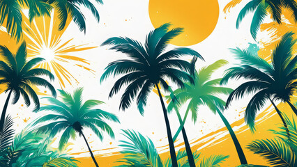 Fototapeta na wymiar a tropical paradise, vibrant summertime background featuring swaying palm trees, a radiant summer sun, evoking the essence of the season.