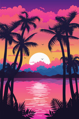 An electrifying pink neon summer landscape with a vibrant sunset over a tropical island. Nature with palm trees, beaches, and a colorful sky. For party poster or banner. Not AI.