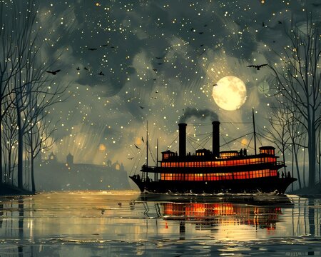 Vintage steamboat on river under moonlit sky
