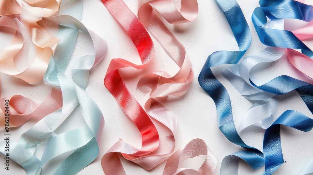 Poster Assortment of different ribbons on a clean white backdrop each ribbon individually photographed