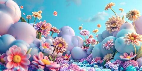 Obraz na płótnie Canvas 3D render, illustration 16K cute landscape, 3d flowers, earth day, neon color, 3d cute clouds, CAD, gradient blue background
