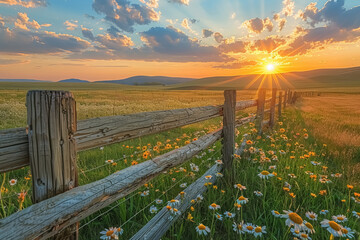 Fototapeta premium sunset over a serene meadow with wildflowers and rustic wooden fence, peaceful countryside landscape