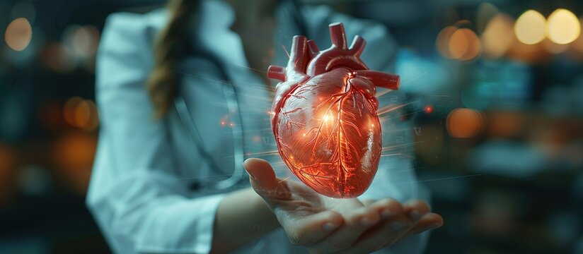 A female doctor touches a virtual holographic heart in the hand. A blurred photo, a human organ, is highlighted in red as a symbol of disease. Health hospital service concept