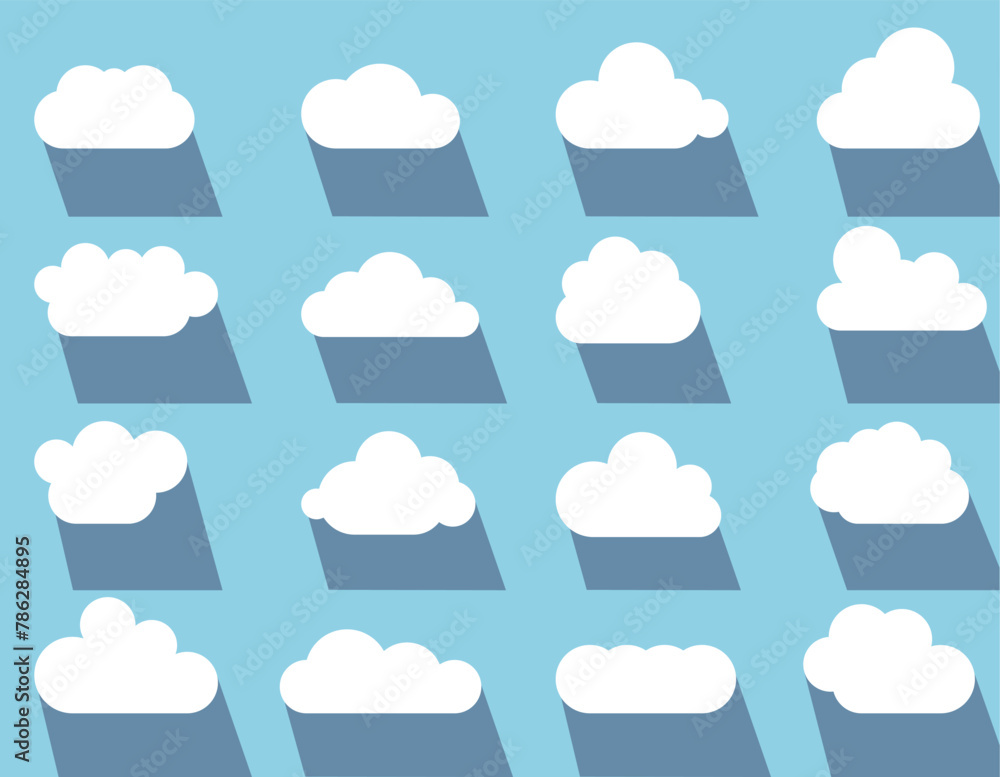Wall mural clouds in the sky with a shadow. set of clouds isolated on blue background.