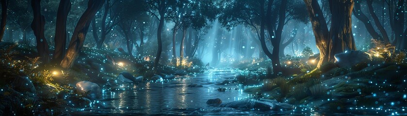 Bioluminescent forest, night time, wide shot, concept of radiance, surreal glow, magical vibe, tranquil setting