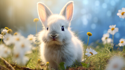 A Cute Baby Rabbit Revels in the Serenity of a Sunlit Meadow, Amidst Tiny White Blossoms