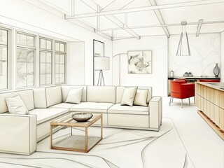 a sketch of a beautiful modern living room