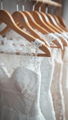 Fototapeta na wymiar Luxurious bridal gowns on hangers in upscale boutique for weddings, elegant white dress display