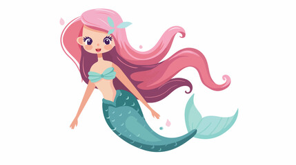 Cute Cartoon Mermaid with pink hair on a white backgroud