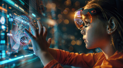 Little girl uses futuristic processor for augmented reality - obrazy, fototapety, plakaty