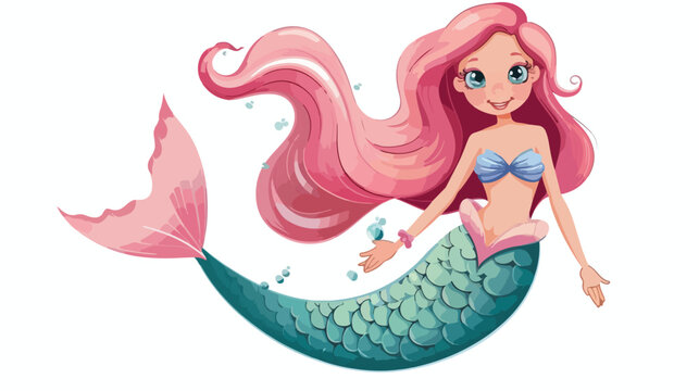 Cute Cartoon Mermaid with pink hair on a white backgroud