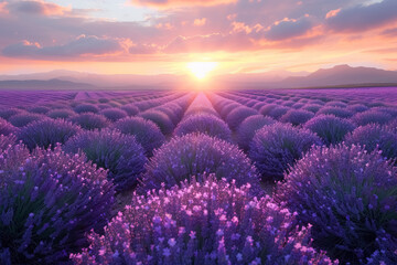  sunset over a vibrant lavender field with mountains in the background
