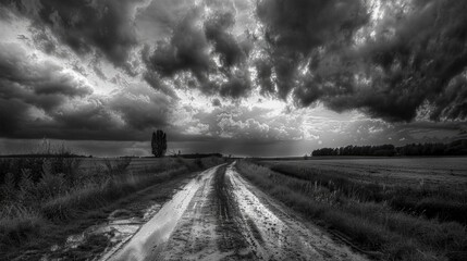 Beautiful cloudy sky in a black and white photograph on a rainy day