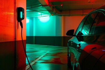 Modern electric vehicle plugged into a charging station in a vibrant red and green illuminated garage.