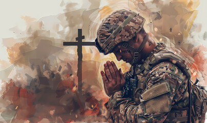 the soldier prays to god - obrazy, fototapety, plakaty
