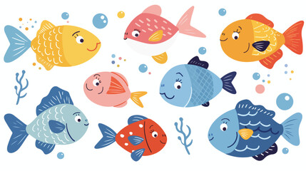 Cute cartoon Sea fish clipart page for kids. Vector Illustration