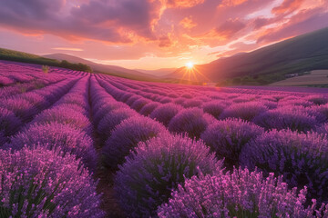 breathtaking lavender fields at sunset with vibrant colors and scenic beauty