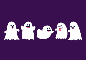 Cute ghost floating with Halloween pumpkin basket for Trick or Treat. Funny spooky boo character. Spook phantom with happy smiling face expression. Isolated kids flat vector illustration.