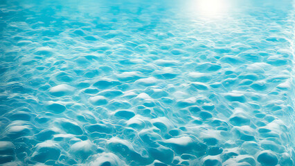 crystal-clear waters with  a blue surface texture adorned with gentle ripples, playful splashes, and shimmering bubbles