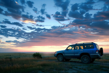 Fototapeta na wymiar Twilight Landscape with Parked SUV. SUV parked in a remote grassland at sunset, ideal for travel and adventure themes.